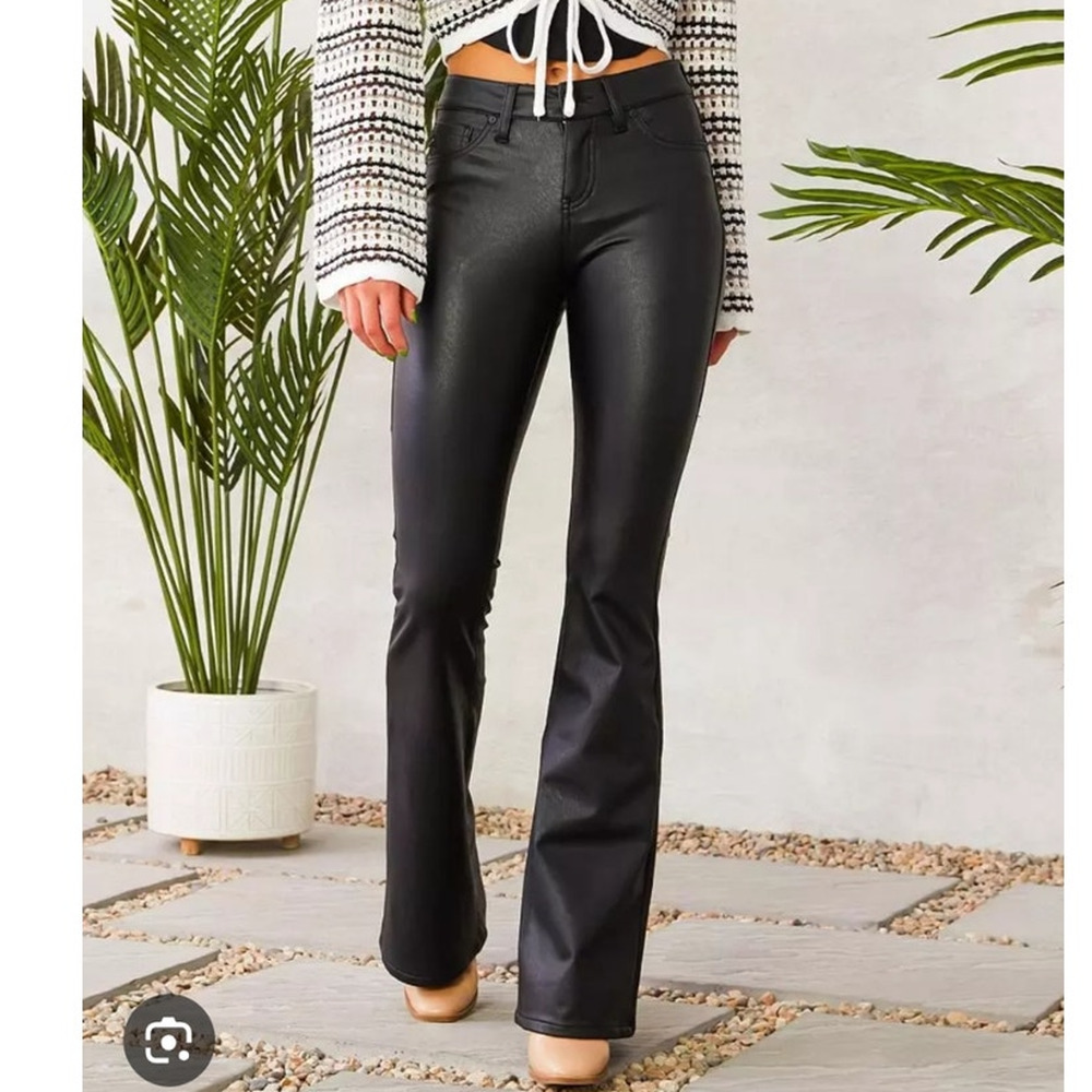 Kancan Mid-Rise Faux Leather Flare Pant 1/24 Biker Moto Baddie Edgy Rock Gothic